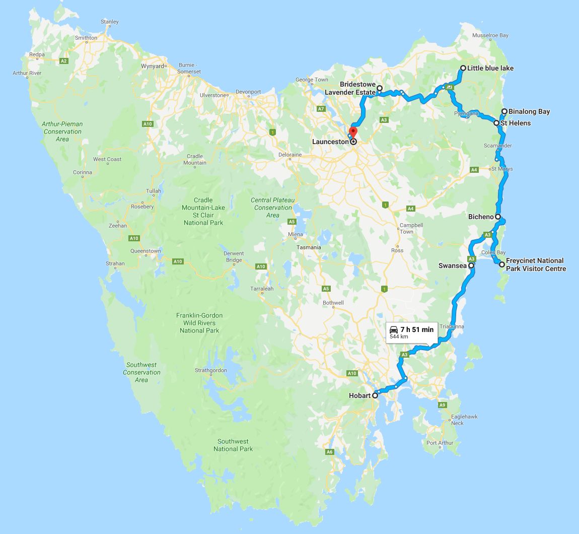 Self driving map of the Great Eastern Drive in Tasmania